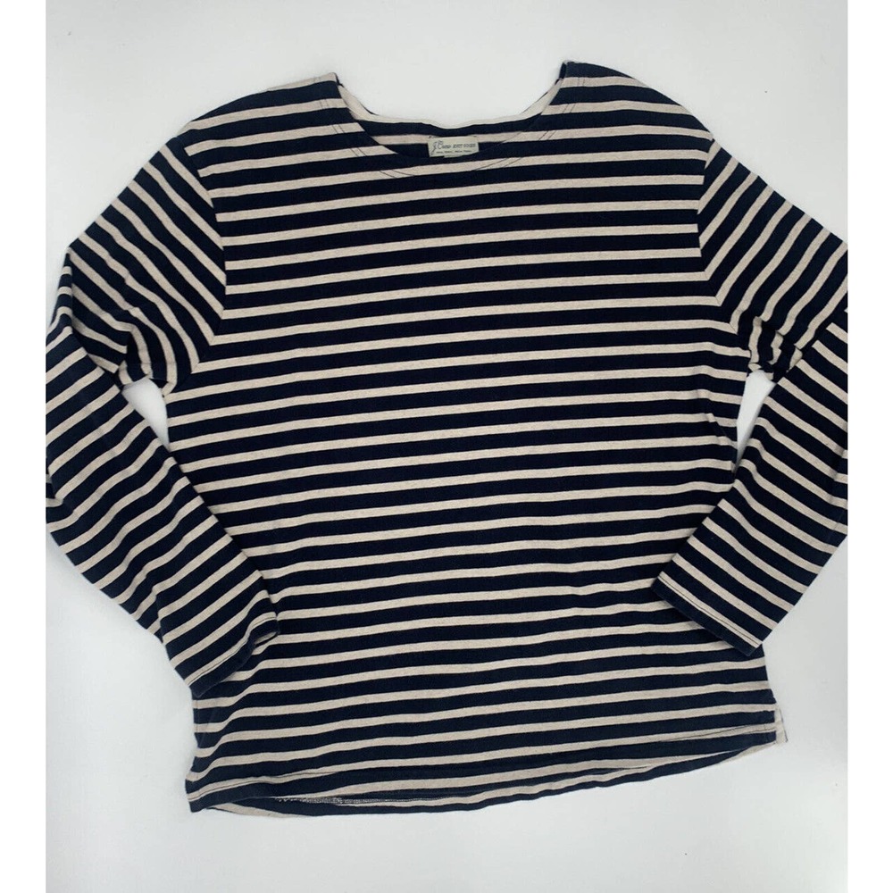 J Crew Tunic Women Large 100% Cotton Knit Goods Blue Beige Striped Long Sleeve